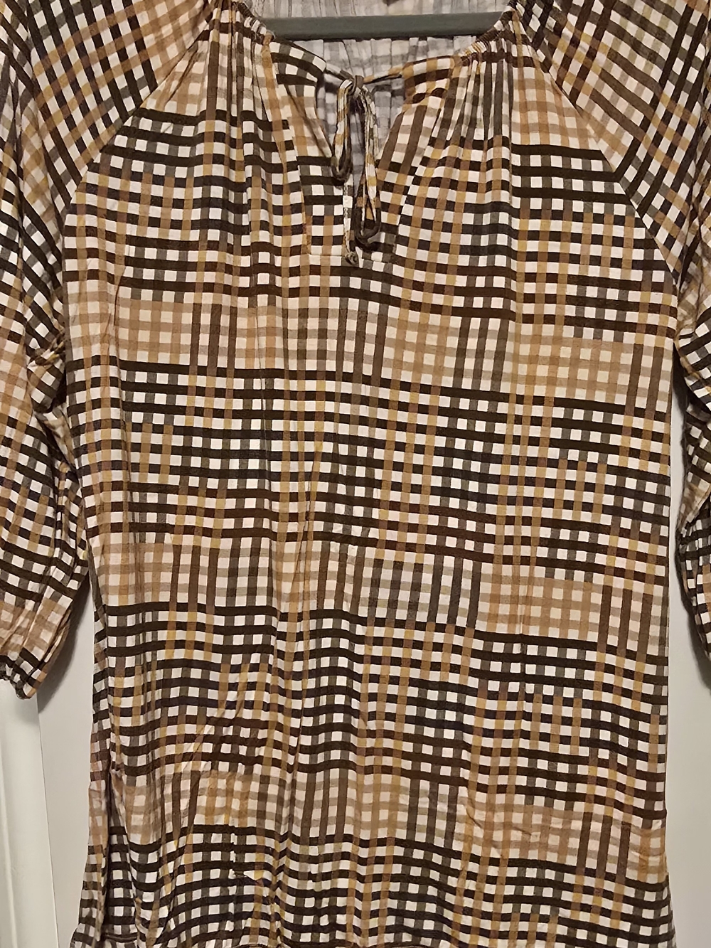 LuLaRoe Plaid Tie-Neck Tunic in Brown, Cream and Gold
